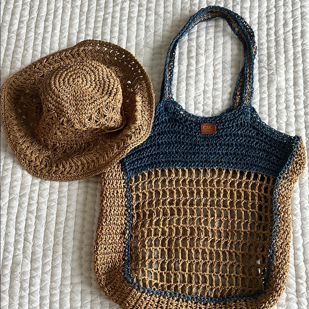 C.C Blue and Tan Crochet Tote with hat